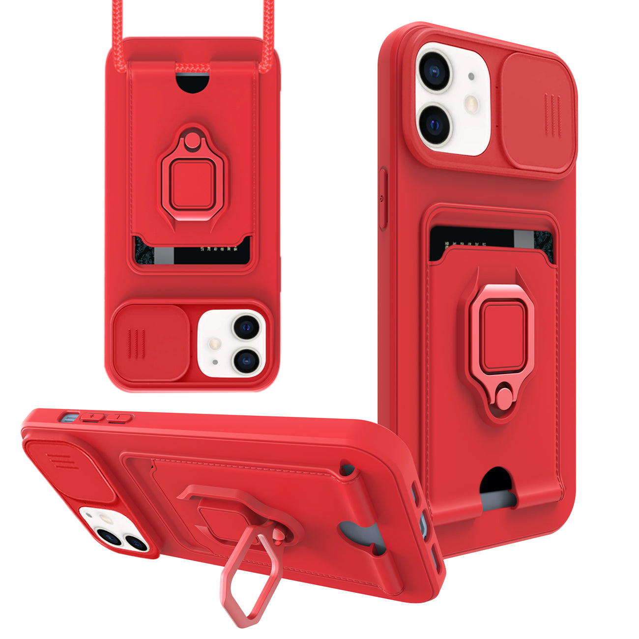 High Quality iPhone 12 Case with Camera cover, Kickstand, Slide lens protection, Magnetic ring stand, Crossbody strap and Card holder In Red